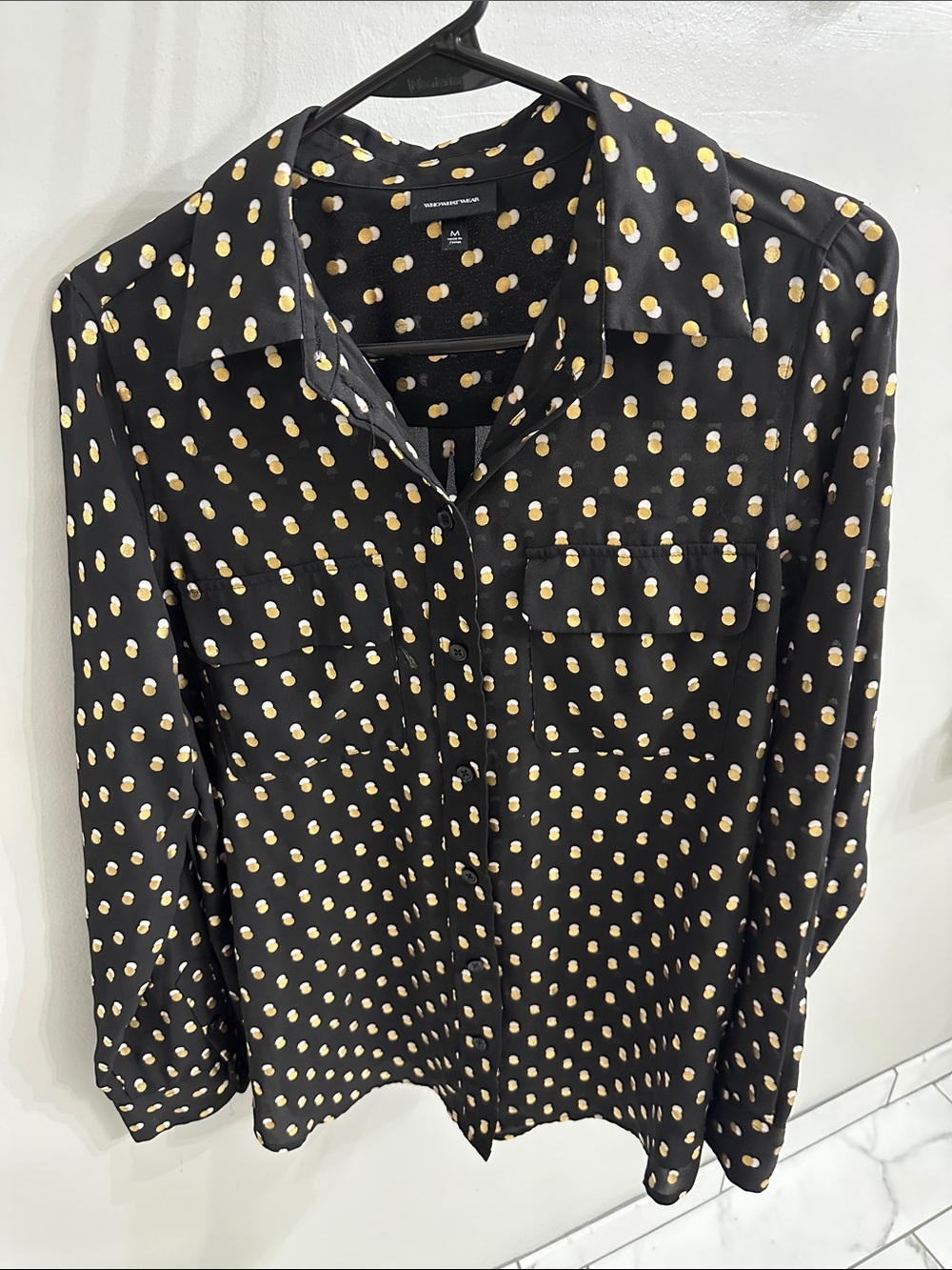 Who What Wear Black Button-Down Shirt with Yellow Dot Print